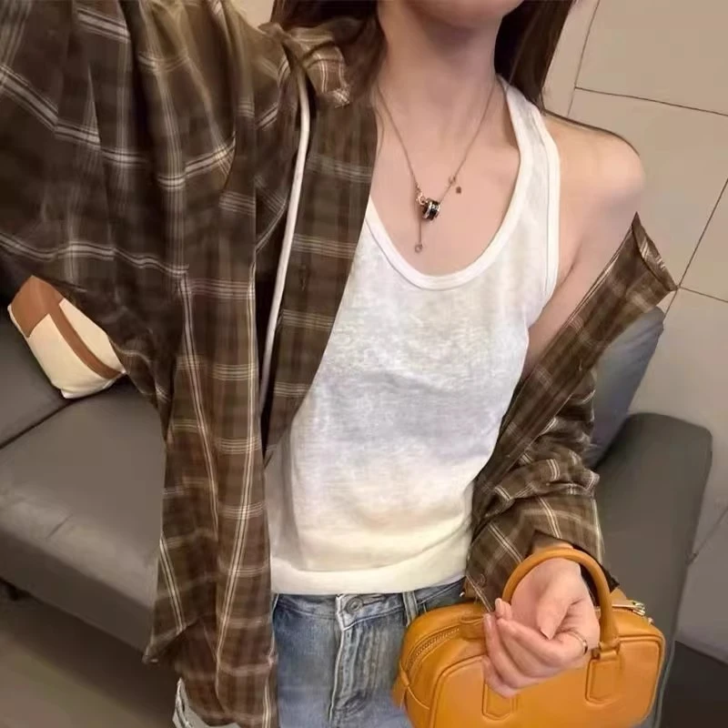 连帽格子衬衫女2025早秋新款韩版时尚休闲背心两件套宽松百搭上衣