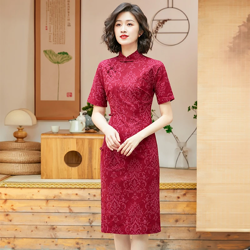 【唐唐】喜妈妈旗袍夏季2025年新款中国风红色棉麻日常改良连衣裙