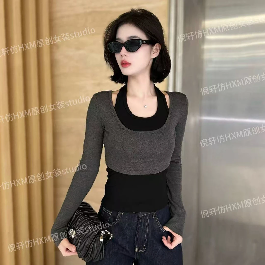 2025早秋新款套装挂脖背心+长袖T恤显瘦百搭上衣女2025