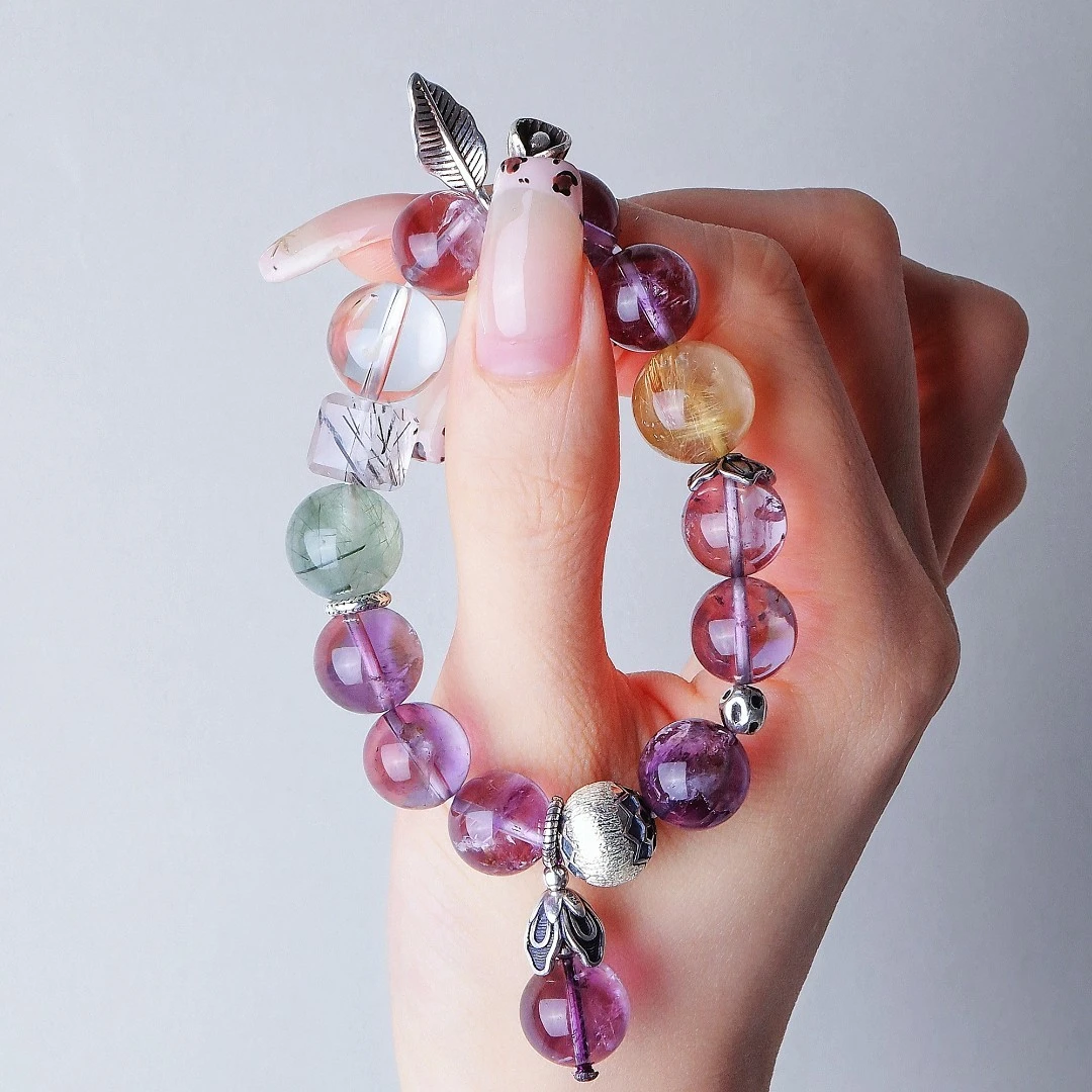 925银手链 S10963拉丝圆珠叶子紫色水水手链百搭手串新中式民族风