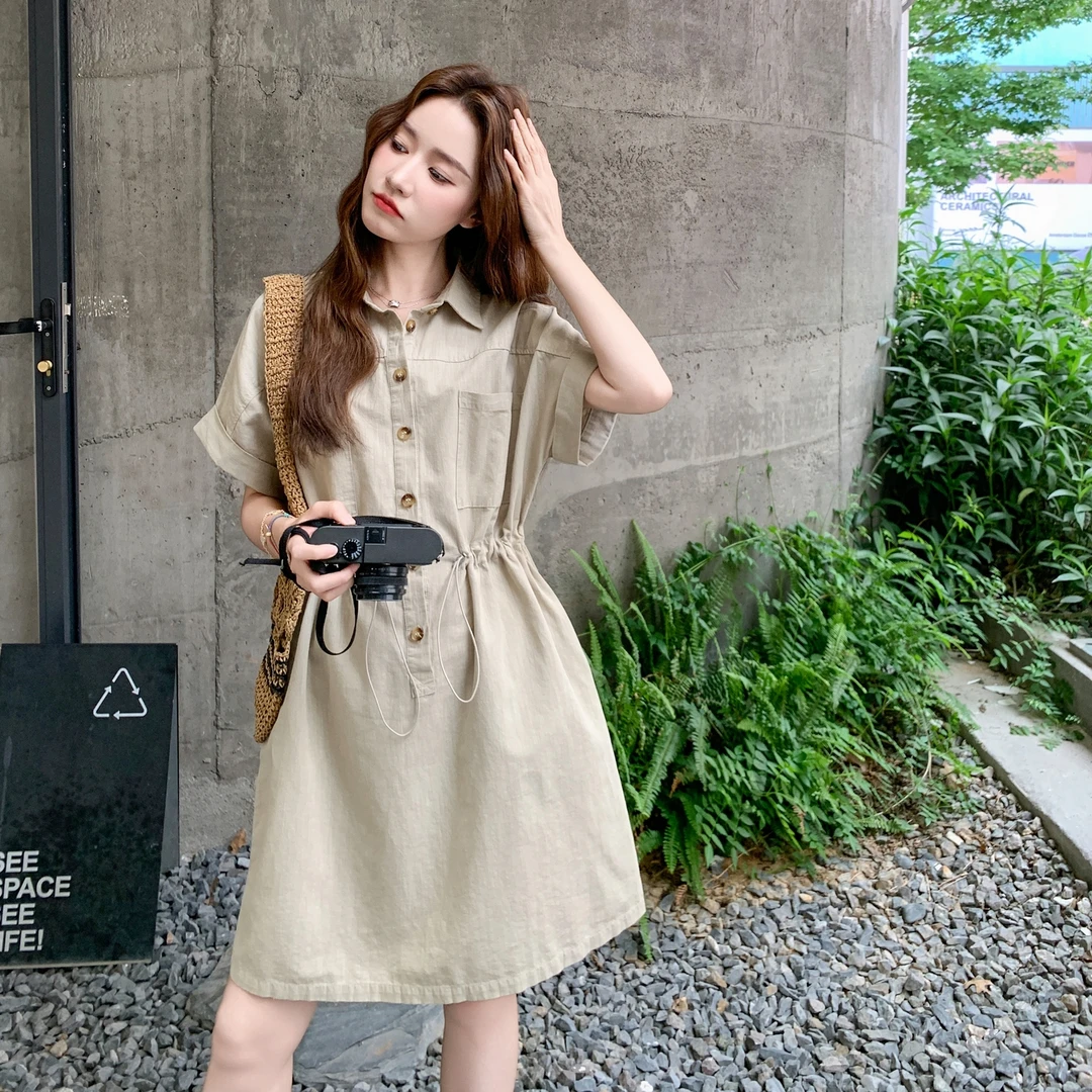 工装气质连衣裙女夏季2025新款韩系温柔收腰显瘦休闲衬衫裙小众