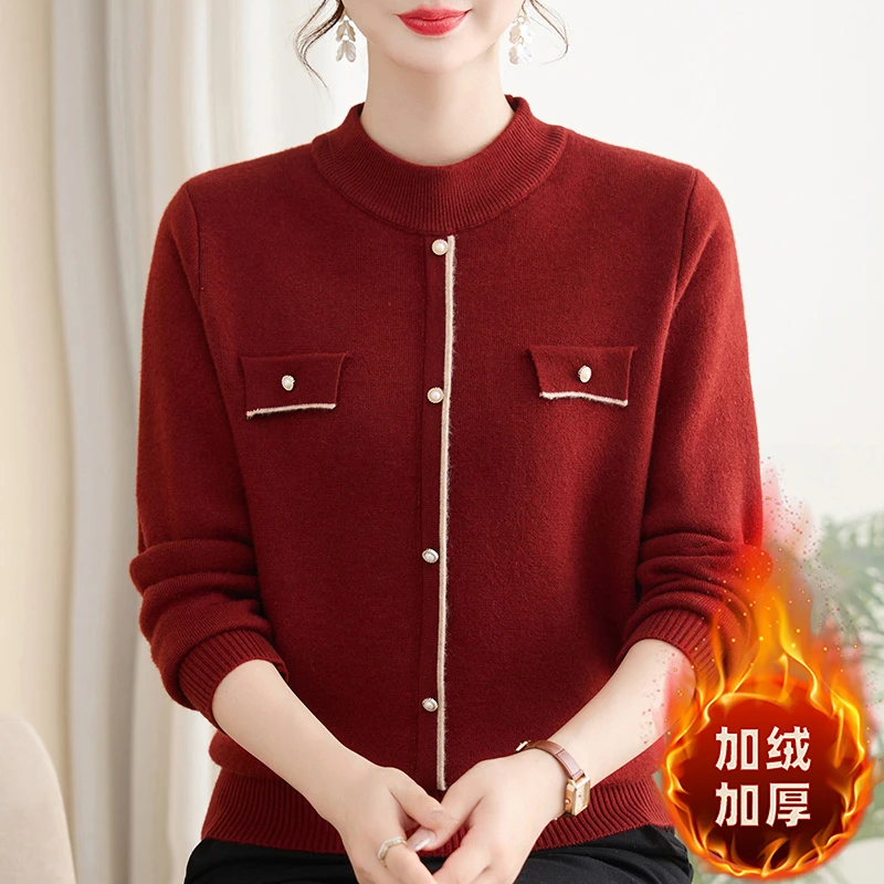 新款加绒中老年妈妈装洋气中老年女装中老年女纯套头加绒加厚毛衣