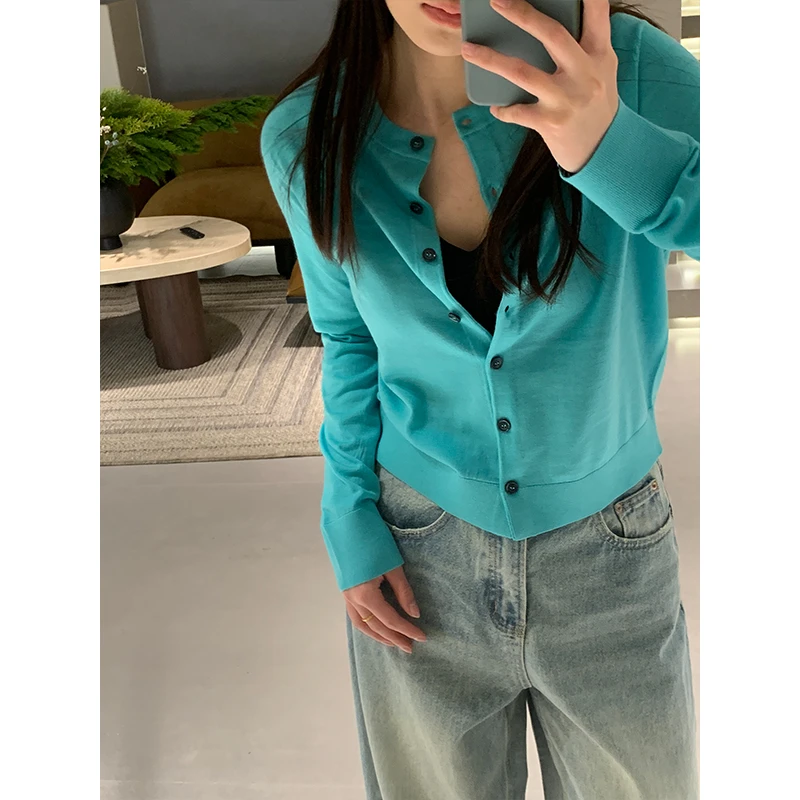 JING2025春季新款1055圆领羊毛开衫女纯色百搭长袖休闲上衣时尚