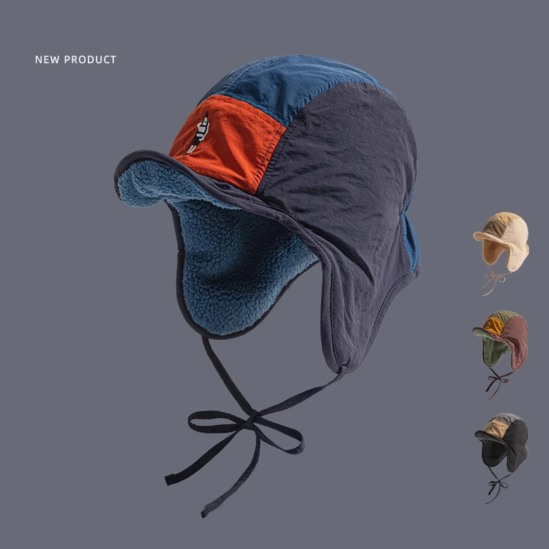 男女秋冬复古五片拼色百搭雷锋帽抓绒保暖百搭护耳帽滑雪飞行员帽