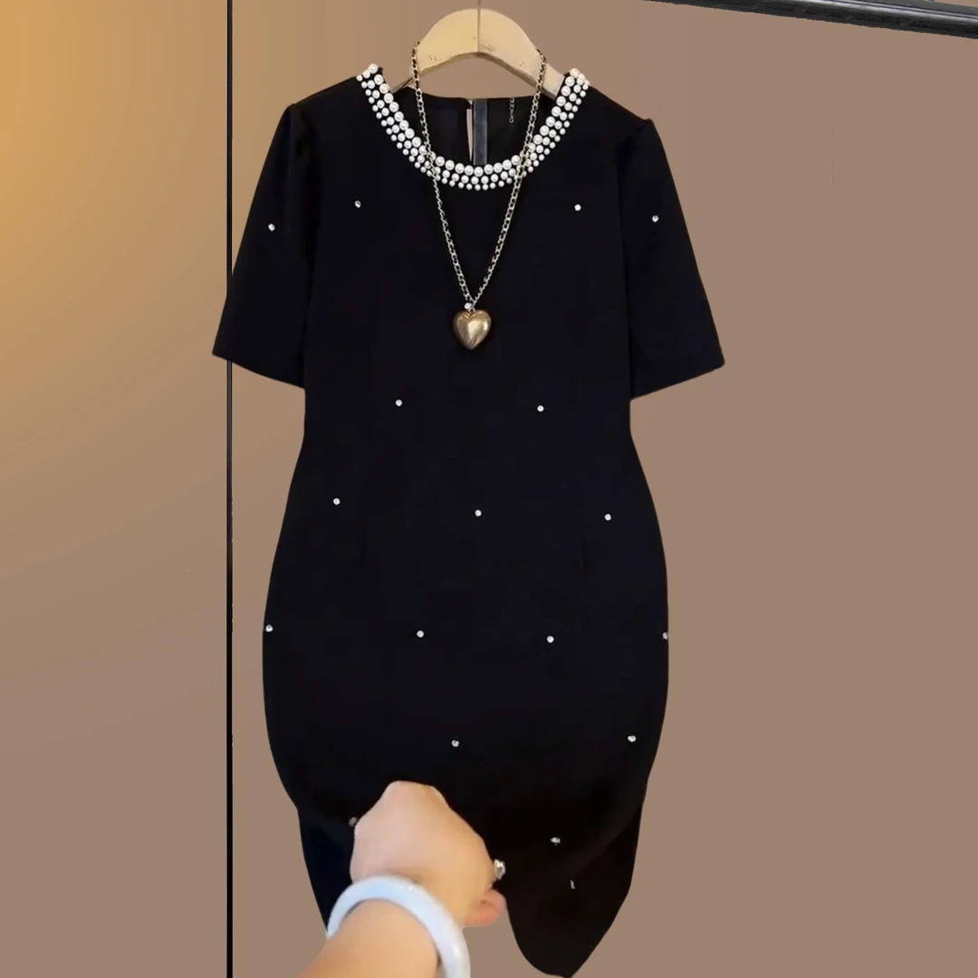 夏季大码连衣裙镶钻短袖半袖大码女装胖妹妹遮肉显瘦宽松休闲百搭