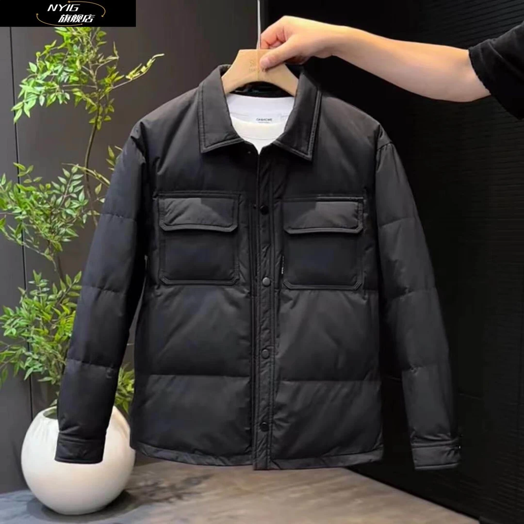 NYIG羽绒服男士秋冬季韩版纯色简约翻领衬衫青年休闲短款帅气外套