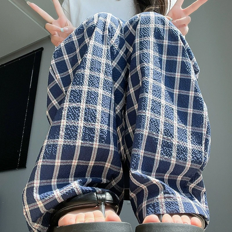 145小个子慵懒风格子阔腿裤女夏季高腰休闲直筒裤宽松垂感格子裤