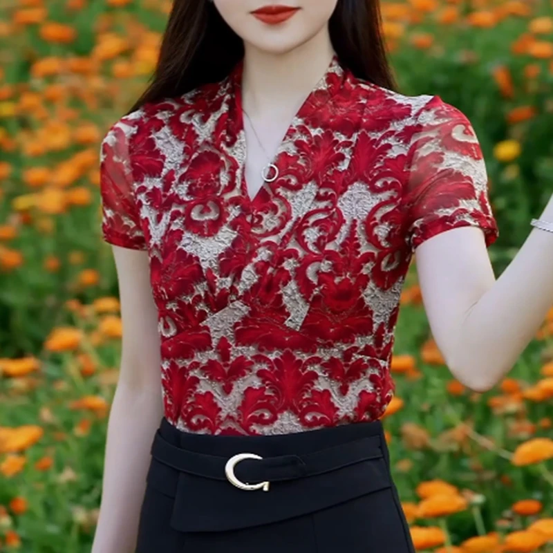 爆款时尚网纱套头T恤韩版V领妈妈装上衣夏季薄款休闲百搭短袖小衫