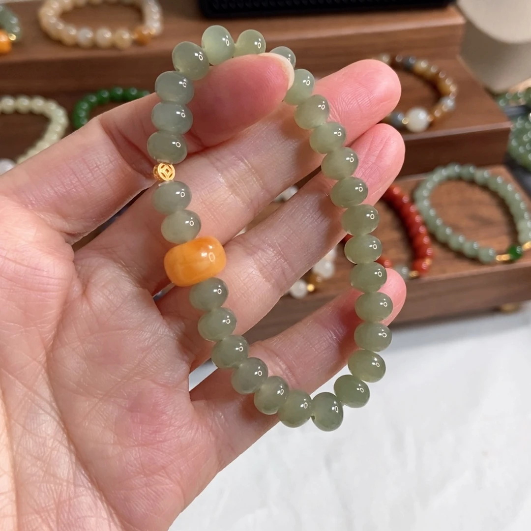 和田玉手链银S925镶嵌福利7mm晴水算盘珠