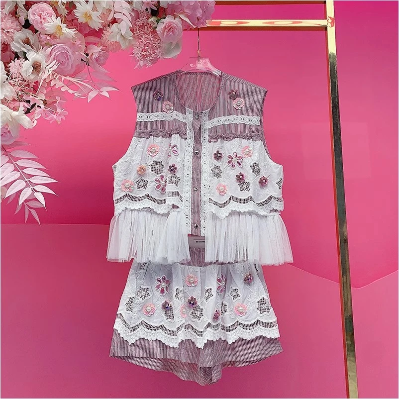 A2378欧美设计师2025夏季新款重工钉珠刺绣立体小花拼接套装裙女