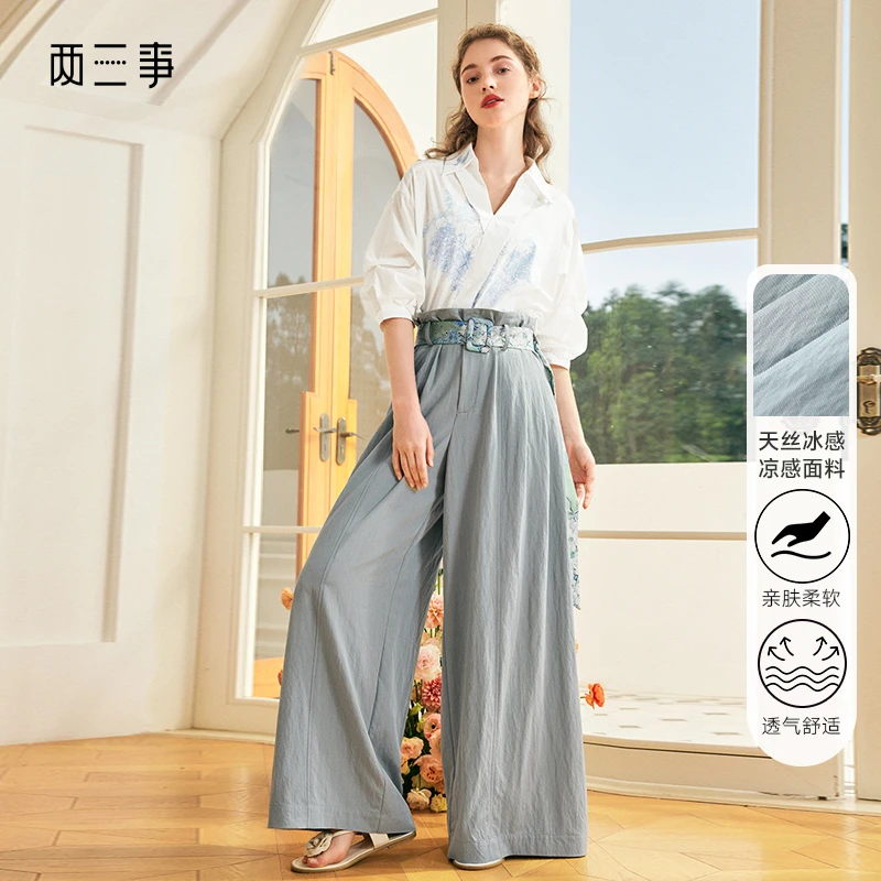 两三事恋野之行2024夏季新款时尚印花腰带不对称裤脚禅意休闲裤女