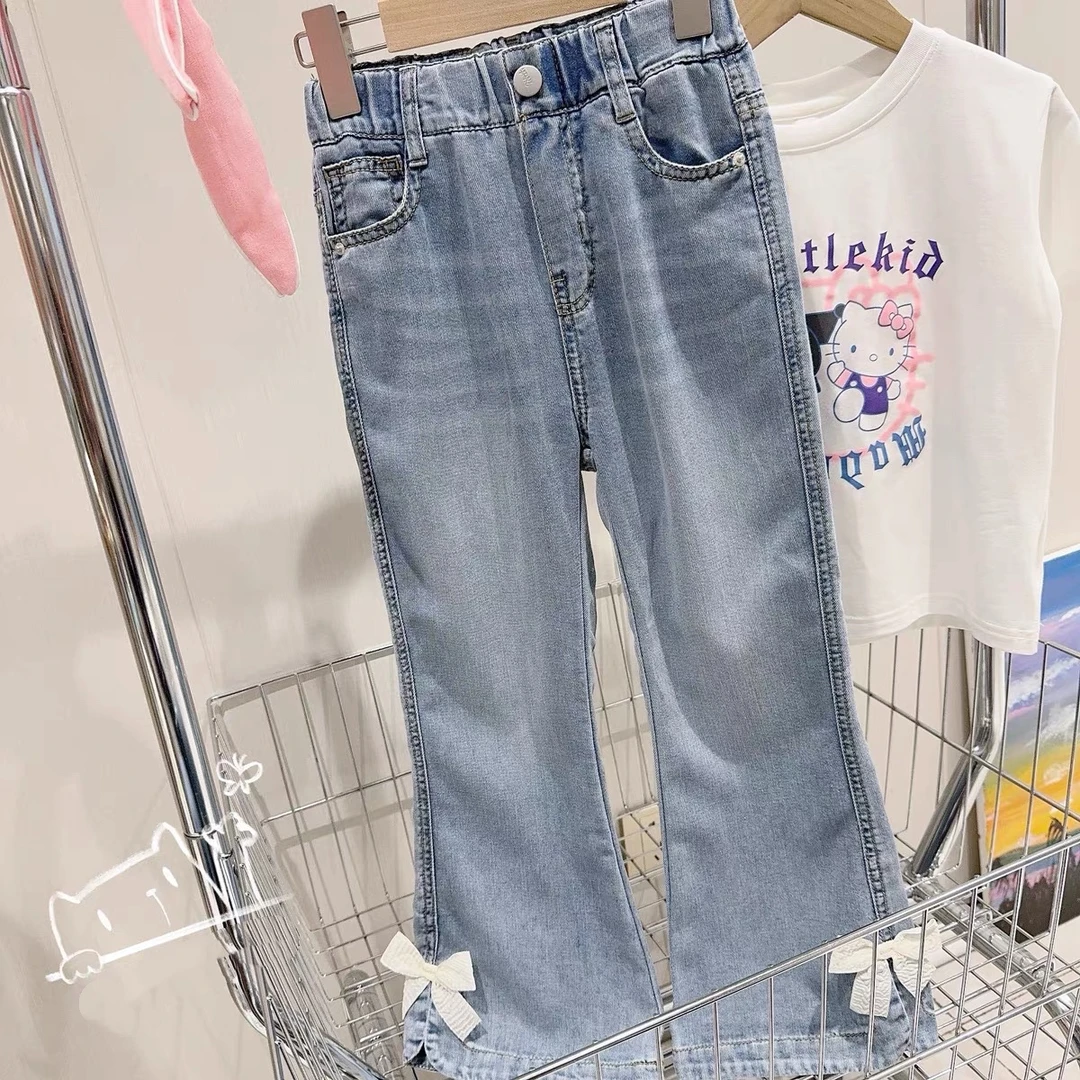 女童牛仔裤儿童夏季天丝防蚊裤蝴蝶结微辣开叉长裤薄款中大童