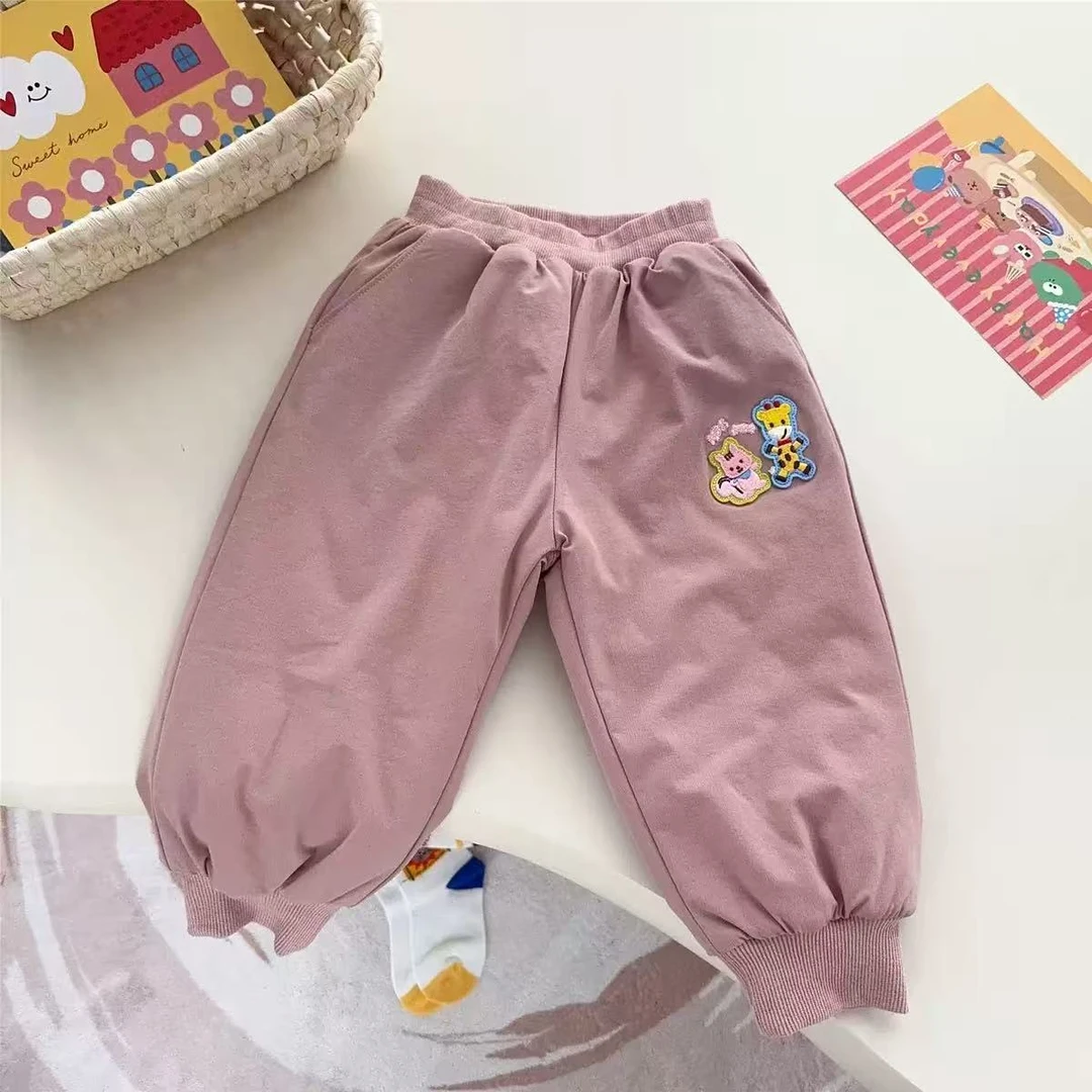 【25秋冬新】日系男女童双层刺绣加绒棉裤保暖素长裤