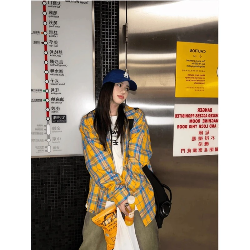 黄色格子衬衫男夏季穿搭美式复古防晒衬衣长袖情侣装休闲正肩外套