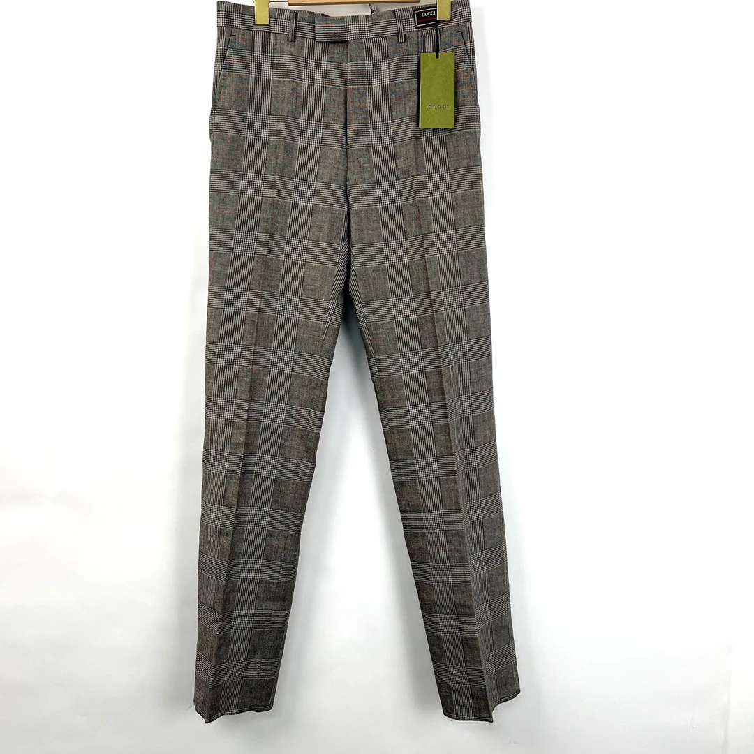 未使用 GUCCI/古驰 46码/金标刺绣灰色格纹休闲裤/06453