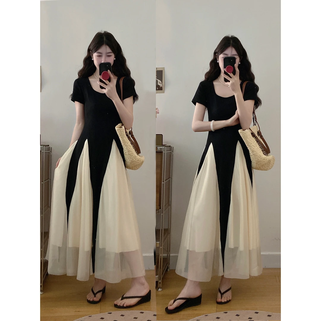 大码女装氛围感拿捏回头率设计感拼接网纱连衣裙胖MM显瘦连衣裙女