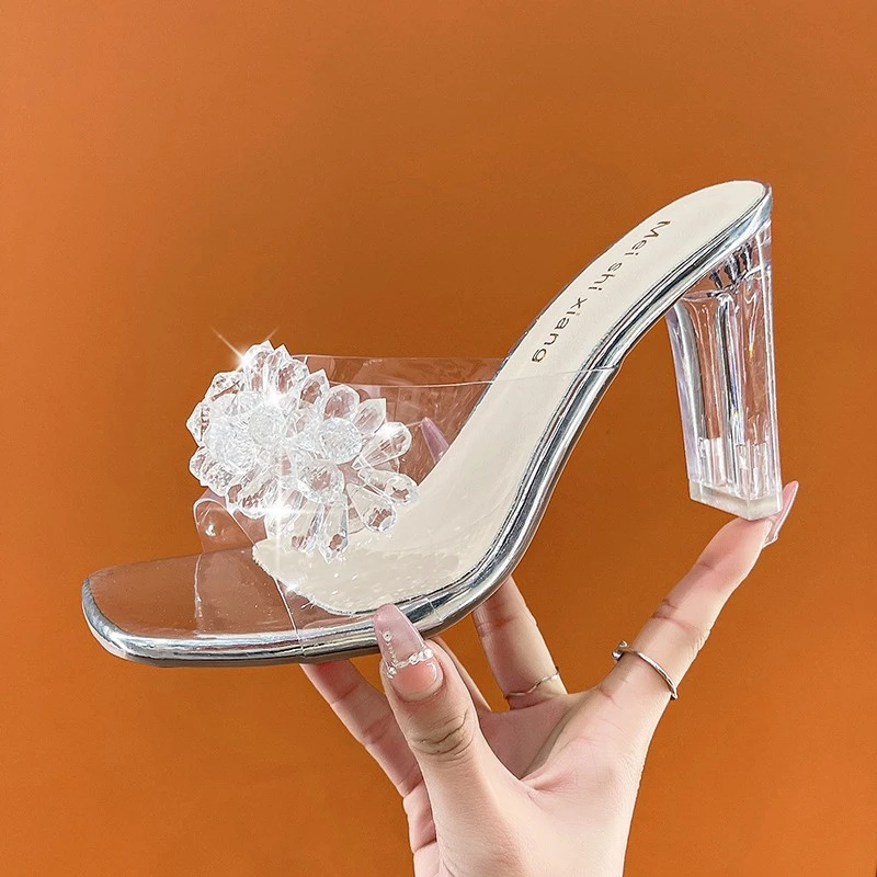 法式高跟拖鞋女夏季外穿2025年新款气质水钻透明一字粗跟水晶凉鞋