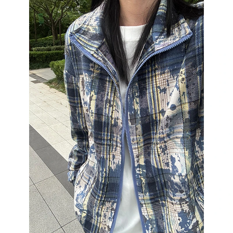 蓝色扎染翻领外套男款秋季中性风情侣夹克美式复古高级感长袖衬衫
