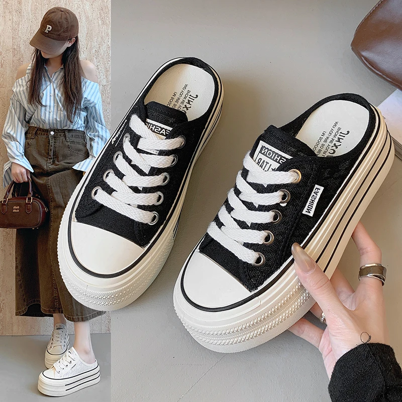 包头拖鞋女外穿2025夏季新款百搭厚底网面一脚蹬蕾丝懒人半拖鞋女