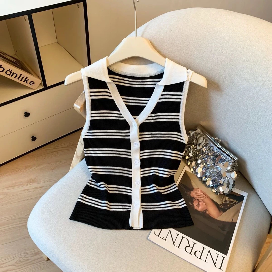 欧货时尚polo撞色V领设计感无袖针织背心女夏季修身气质百搭上衣