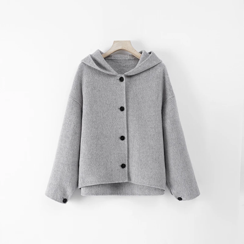 女士灰色设计师秋冬短款时尚休闲双面连帽毛呢WH-073