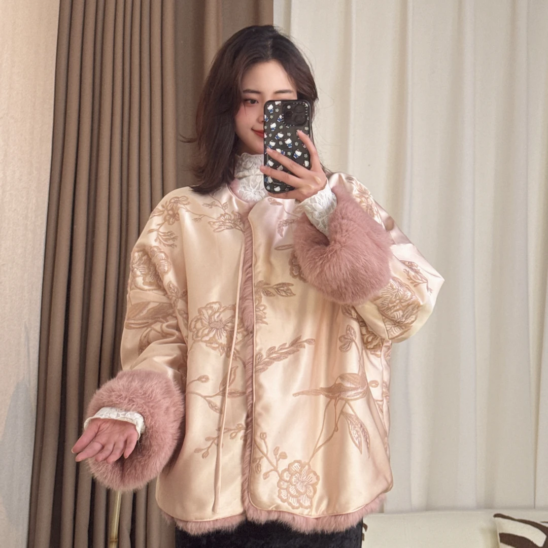【翠云裘】新款新中式国风重工刺绣两面穿外套兔毛上衣