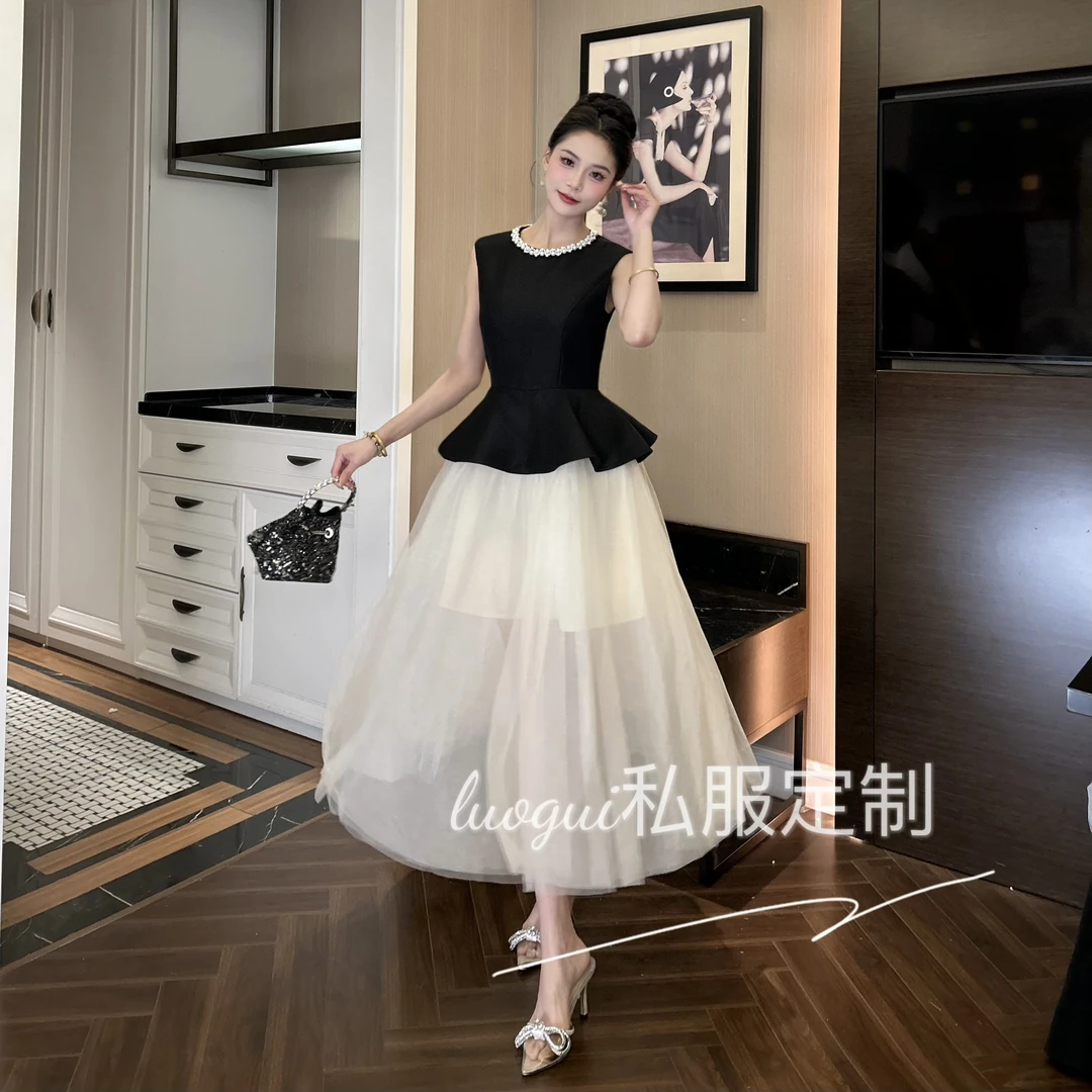 【花花原创】显瘦气质时尚法式拼接连衣裙 轻奢收腰中长款名媛 9012