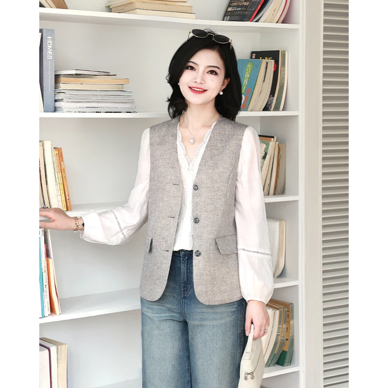 阿楠anan 肆意如风亚麻亮丝V领可调节收腰西装马夹女休闲上衣外套