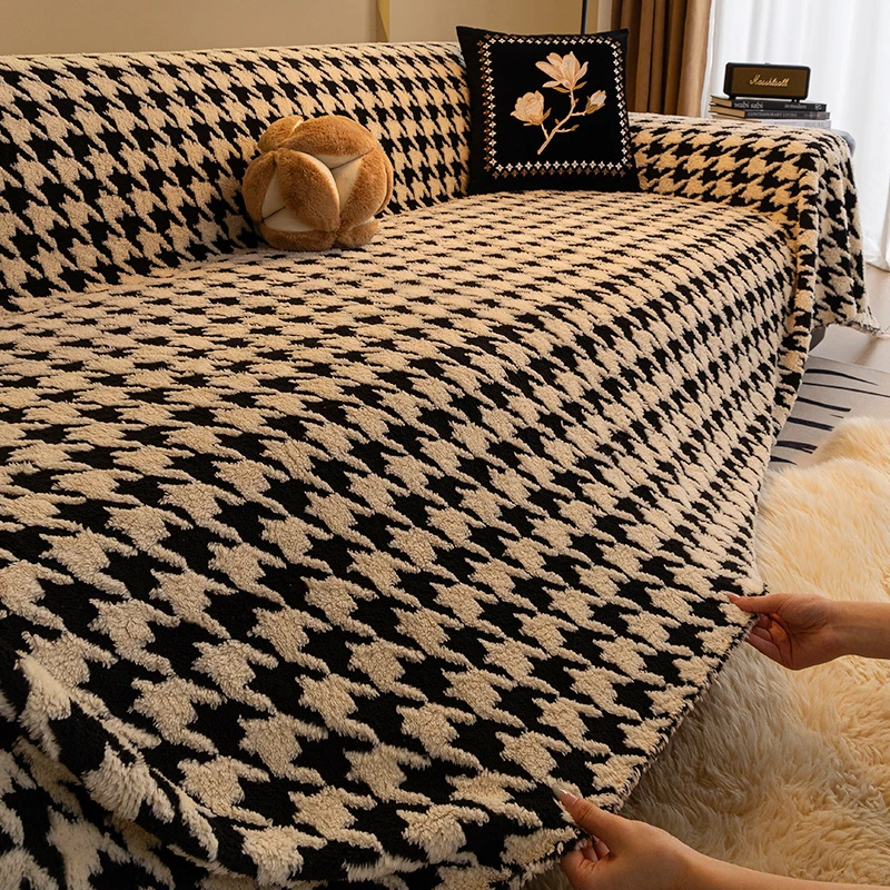 毛绒沙发垫秋冬千鸟格北欧冬季加厚防滑一片式全盖沙发盖布巾套罩