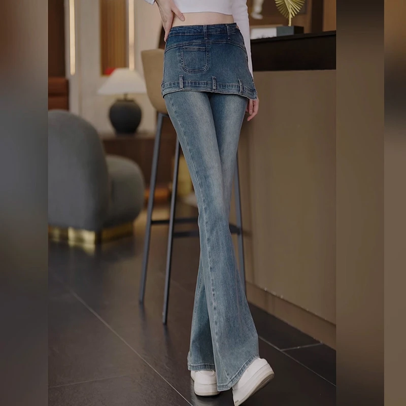 时尚多巴安春秋季2025年设计假两件洋气牛仔裤显瘦蓝色辣妹长裤女