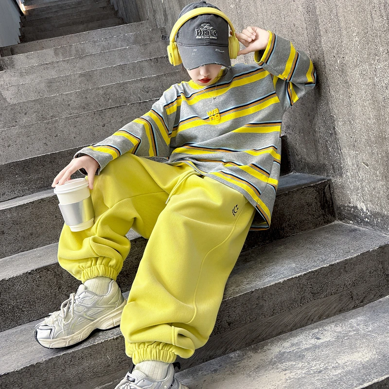 女童慵懒风运动服套装2025春装儿童韩版条纹卫衣洋气阔腿裤休闲装