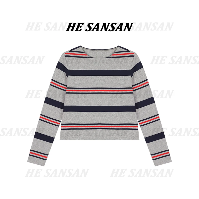 【SANSAN】轻奢撞色条纹显瘦百搭时尚套头长袖上衣DY-1920