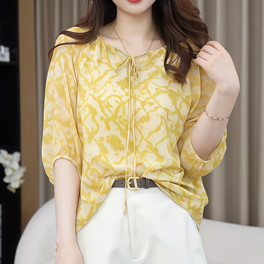 【怦然心动】2025夏季新款圆领系带宽松灯笼袖设计感时尚上衣女韩版