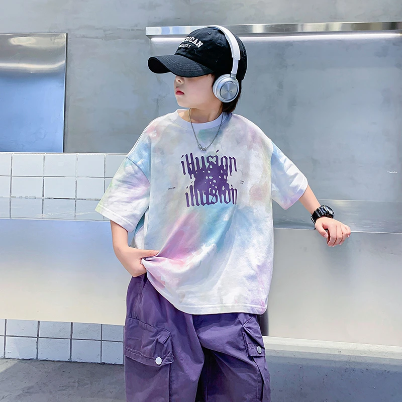 男童夏装潮牌扎染冰感短袖T恤2025新款儿童男孩夏季炸街宽松上衣