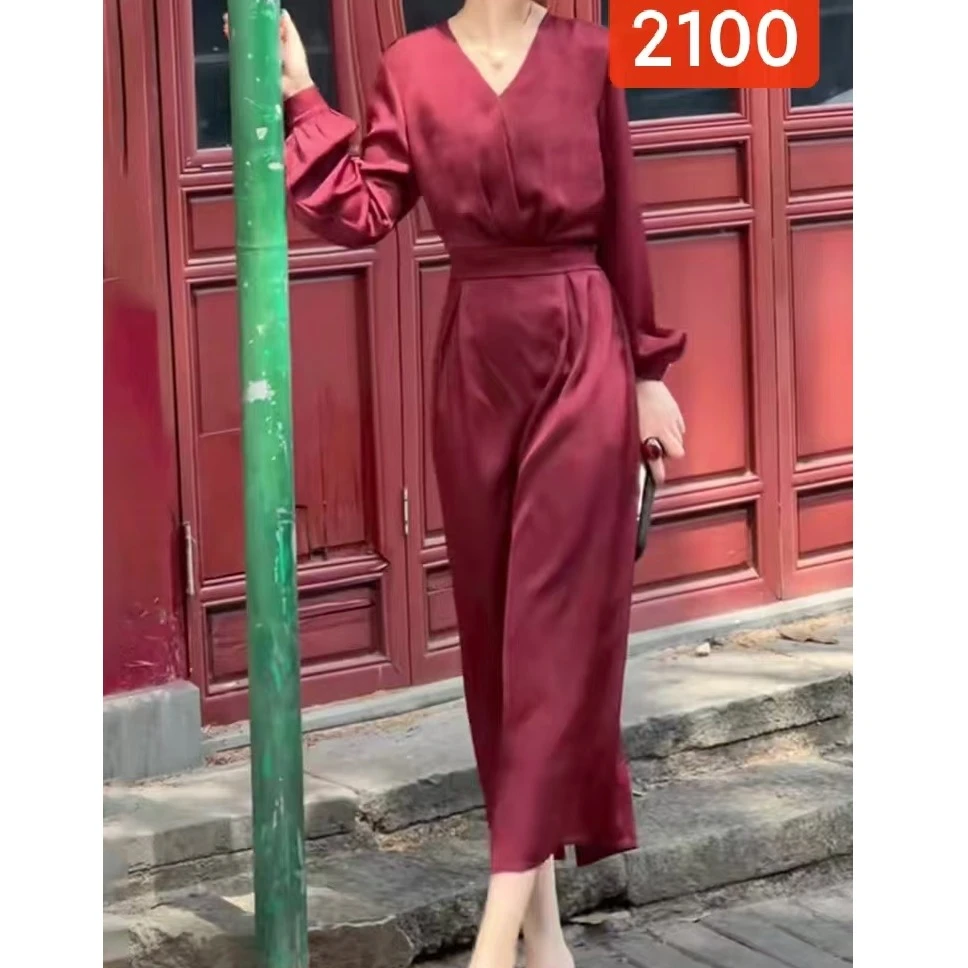 2100-32新款女士V领长袖连衣裙
