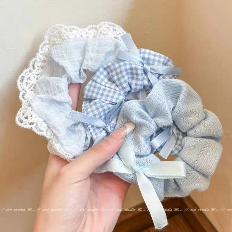 海派甜心！蓝色小清新大肠发圈！蕾丝花边发绳韩系头饰盘发器新品