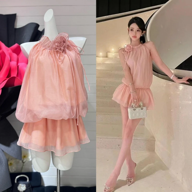 十三行2024夏新款越南小众设计花朵网纱无袖挂脖上衣厂家一件代发