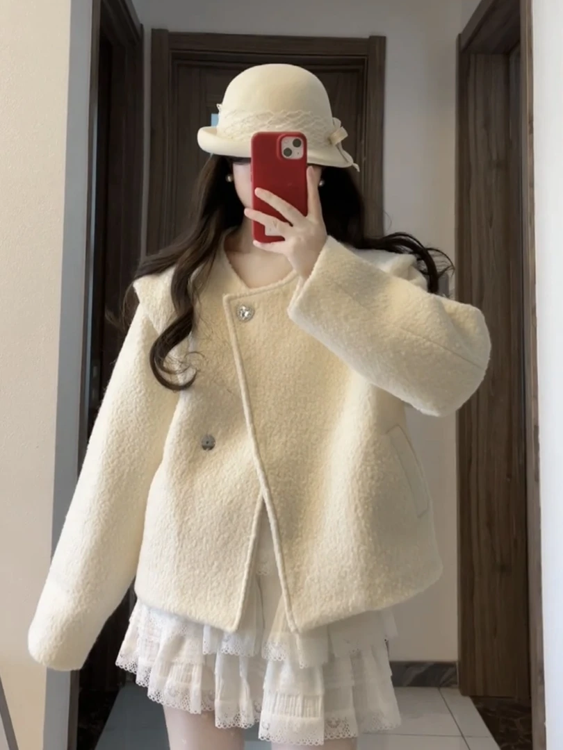 韩版米白色短款外套女2025年冬季新款宽松高级感气质休闲百搭上衣