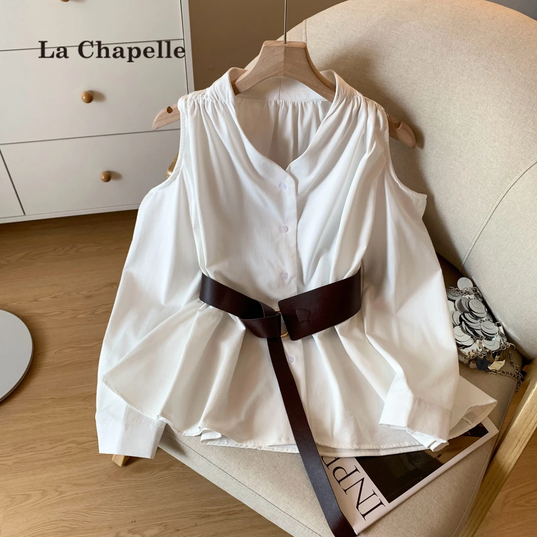 拉夏贝尔v领露肩长袖衬衫女2025早秋款气质通勤腰带收腰显瘦上衣