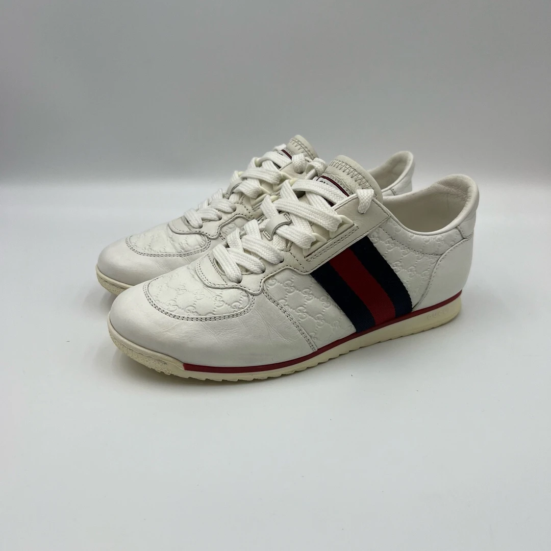 95新 GUCCI/古驰 35.5/36码/三色织带压纹logo纯色休闲小白鞋