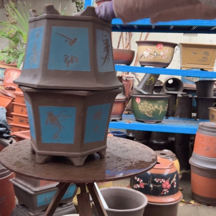 25+25蓝刻绘六方花盆