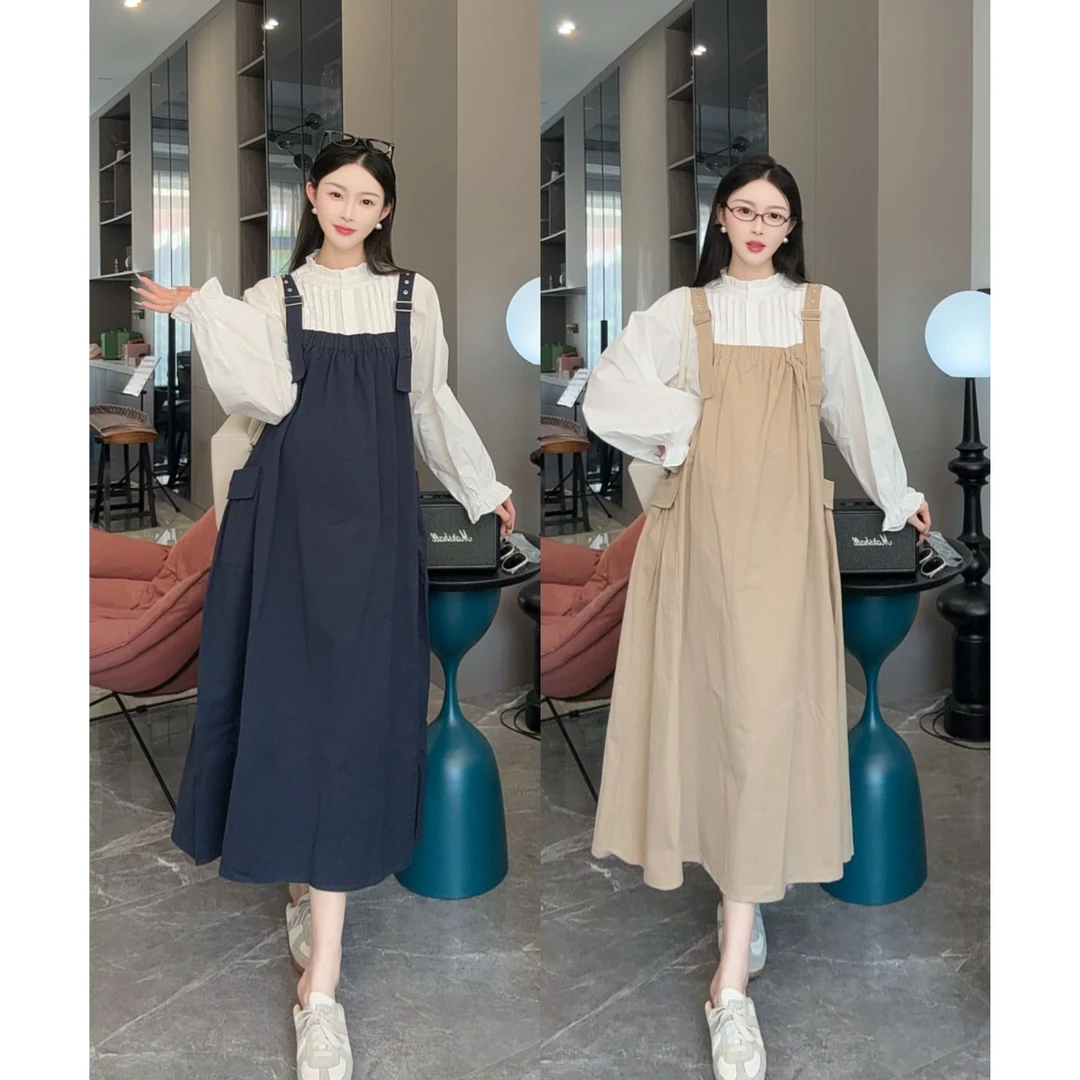 休闲森系韩版孕妇装潮流日常外出百搭甜美淑女减龄可爱衬衫背带裙