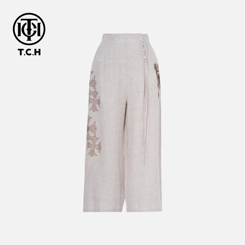 TCH轻奢烫钻工艺设计感金色小熊亚麻休闲裤女T75B20E1011私服tch
