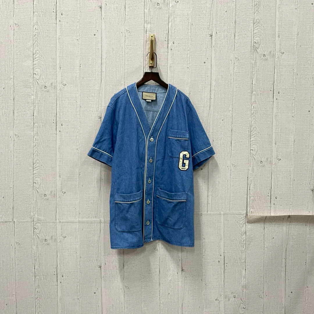 95新 GUCCI/古驰 蓝色G牛仔短袖衬衫 44码/ bc914799