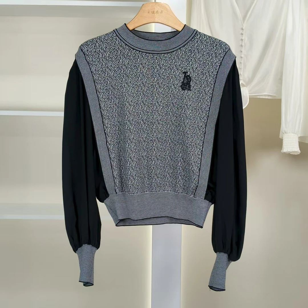 麦迪尚品【丽DS】5090430 拼接长袖针织上衣春秋女装品牌撤柜