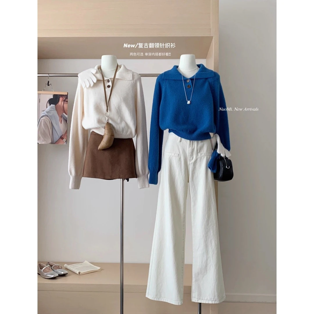 韩系米白色polo翻领毛衣女秋冬高腰短款针织衫收腰显瘦内搭上衣