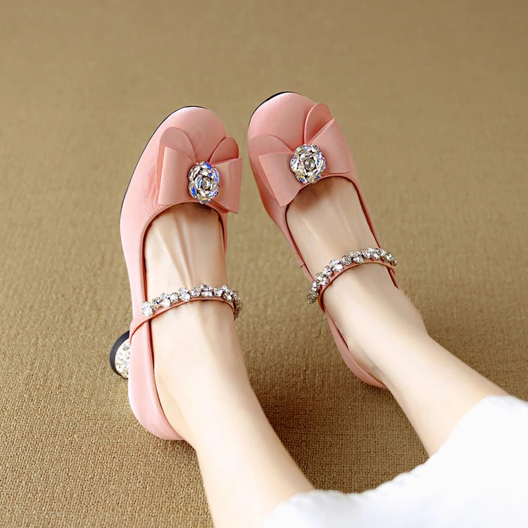 丝绸羊皮6cm～法式高跟圆头水钻玛丽珍浅口单鞋新款百搭舒适异型跟