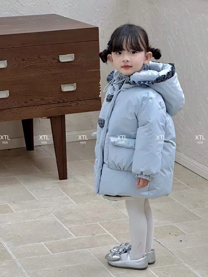 【XTL】2025冬蓝色爱心花边帽加厚中长款棉服60014