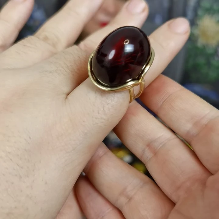 琥珀戒指银S925镀金镶嵌缘**你戒指