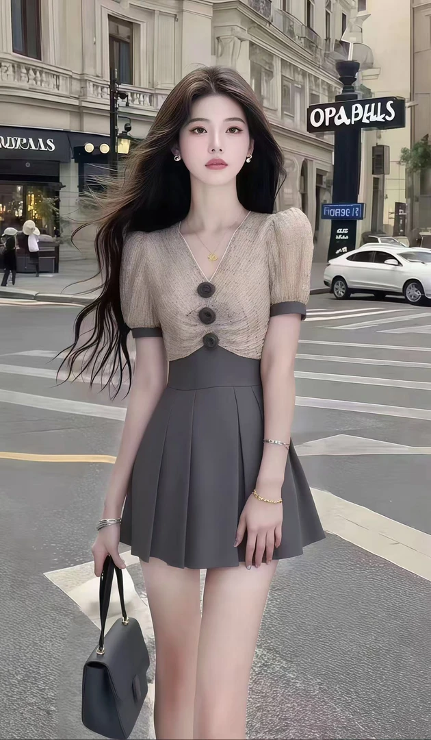 新款时尚休闲气质女装深灰色领短袖收腰设计感连衣裙轻奢高端短裙